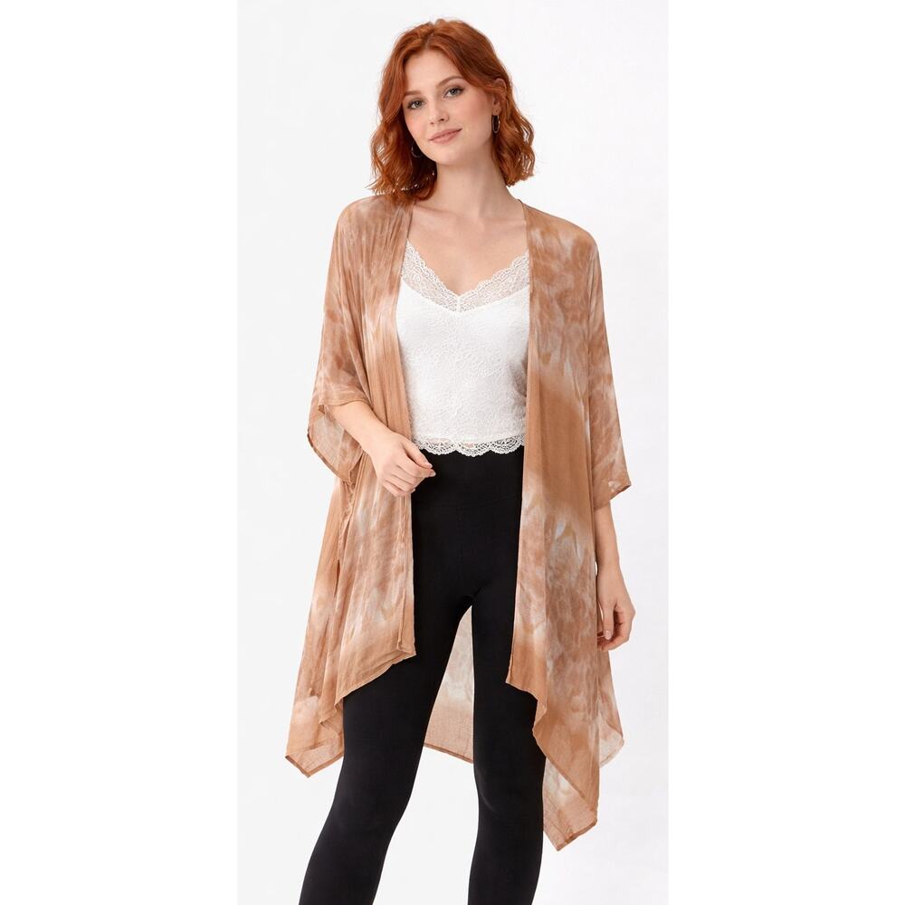 TIME AND TRU Women's Tie Dye Kimono Small Medium Brown White Lightweight